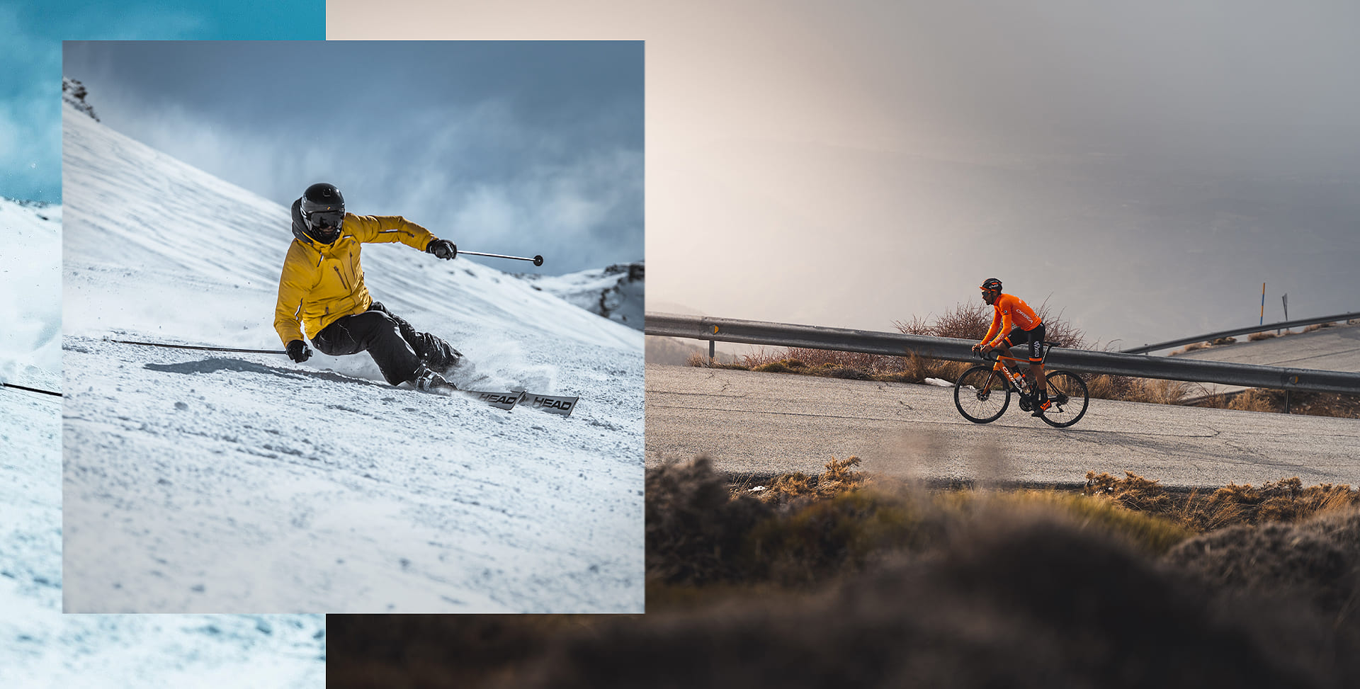 Dos imágenes creativas superpuestas de un esquiador y un ciclista